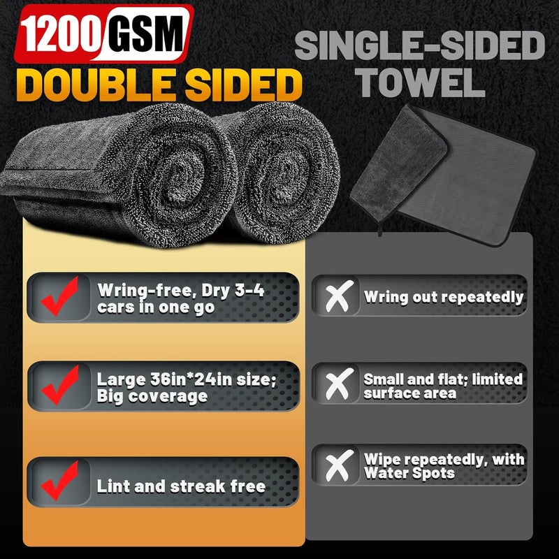 RBUGR Microfiber Towels for Cars, 3 Pack Dual Sided Drying Towels Car Detailing， 1200GSM Car Drying Towel(24″x 36″), Ultra Absorbent Car Cleaning Towel, No Streak or Scratch, Machine Washable - Image 2